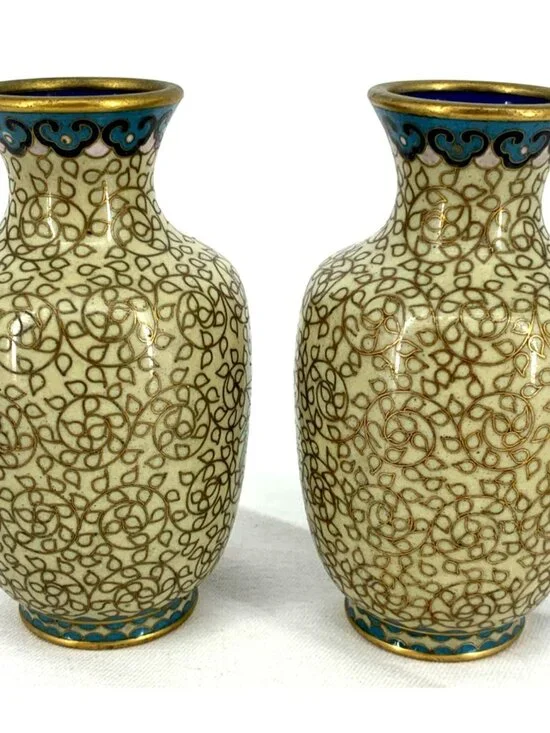 Cloisonne Mini Vases Gold Toned Asian Enamel Vases Floral 4" Tall Vtg Mini - Picture 5 of 8